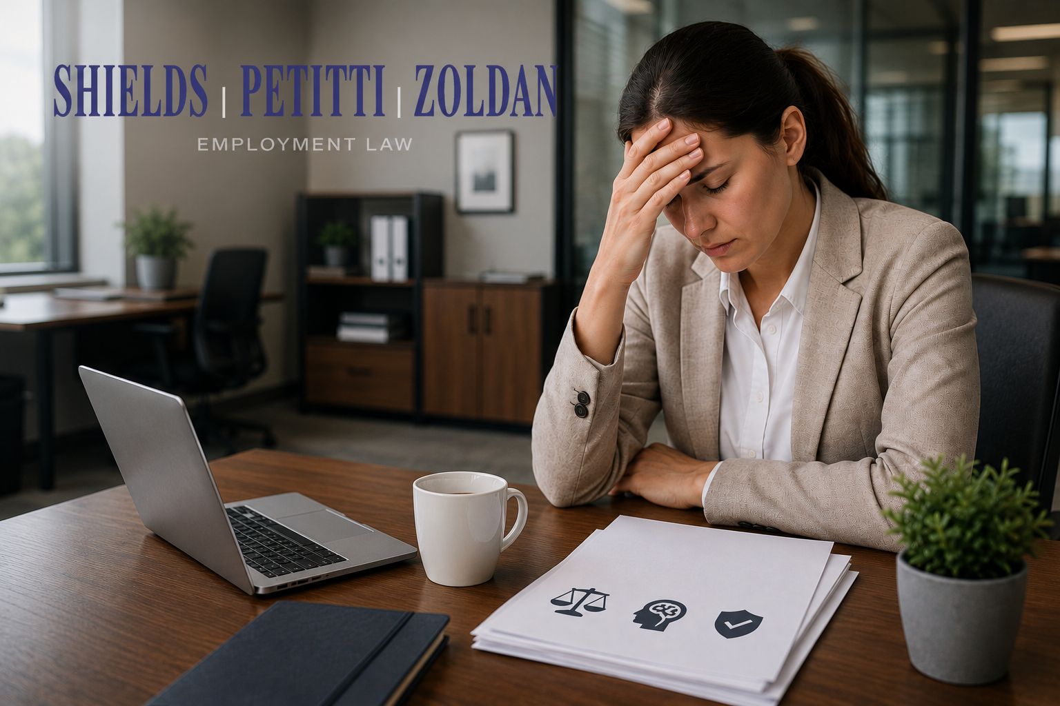Stressed lawyer in a corporate office